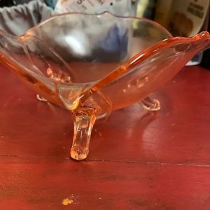Vintage pink depression glass footed 3 sided centerpiece bowl